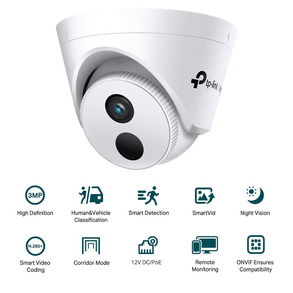 TP-Link VIGI 3MP IR Turret Network Smart Security Camera, Night Vision, AI Detection, H.265+, Corridor Mode, PoE/ 12V DC, Video Enhancement, Remote Control (VIGI C430I(4mm))