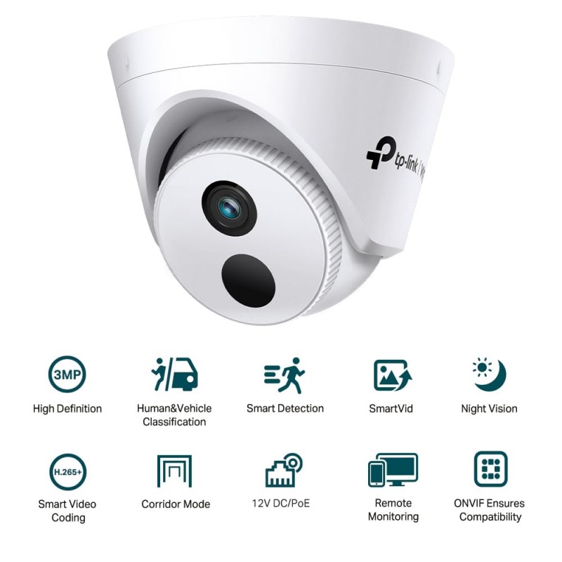 TP-Link VIGI 3MP IR Turret Network Smart Security Camera, Night Vision, AI Detection, H.265+, Corridor Mode, PoE/ 12V DC, Video Enhancement, Remote Control (VIGI C430I(4mm)) TP-Link VIGI 3MP IR Turret Network Smart Security Camera, Night Vision, AI Detection, H.265+, Corridor Mode, PoE/ 12V DC, Video Enhancement, Remote Control (VIGI C430I(4mm))