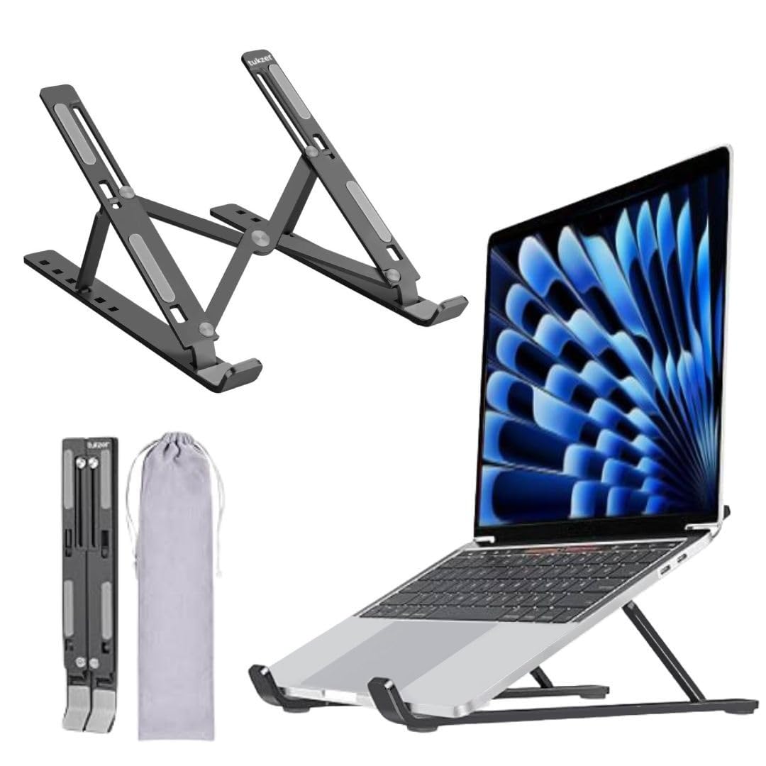 Tukzer (Imported) Foldable Laptop Stand Riser for Laptop, MacBook, Notebook & Tablets up to 17 Inch, 6 Level Height Angle Adjustment, 2X Stronger M-Shape Aluminum Silicone Pads Air Ventilation (Grey)