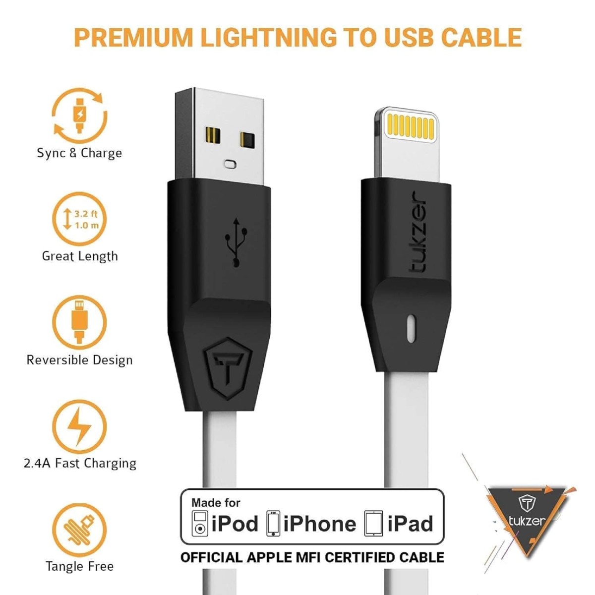 Tukzer Usb A To 8 Pin Lightning Cable,Apple Mfi Certified Fast Charging & Data Sync Cable(12W,2.4 Amp) Compatible For Iphone 13,12,11,X,8,7,6,5,Ipad Air,Pro,Mini (Length: 1M/ 3.2 Ft,Wht)-White