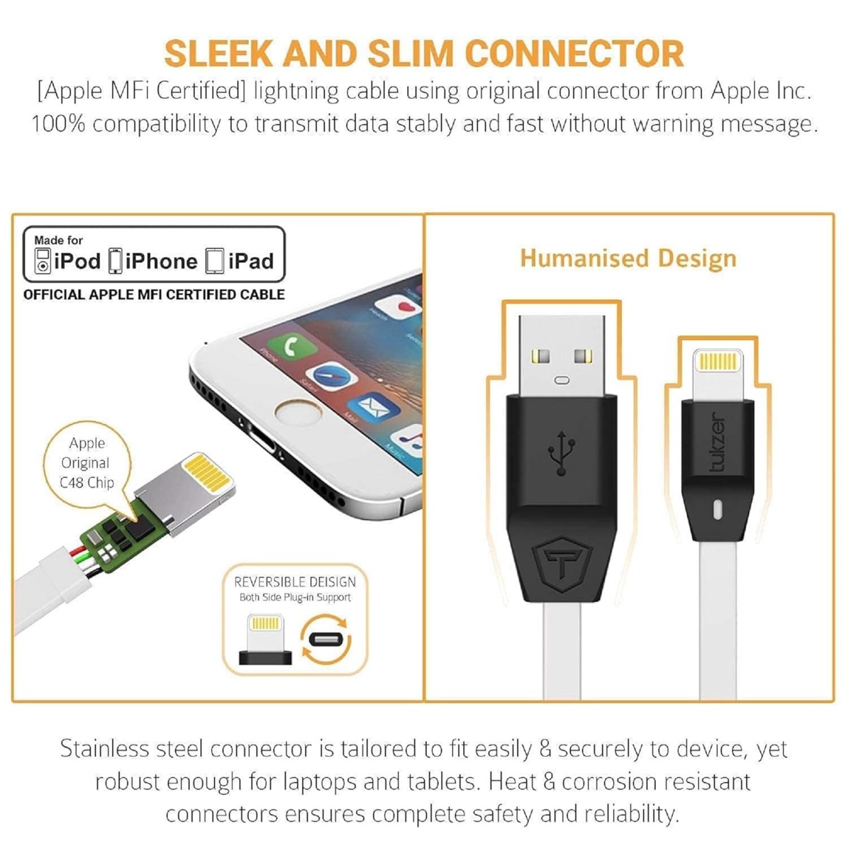 Tukzer Usb A To 8 Pin Lightning Cable,Apple Mfi Certified Fast Charging & Data Sync Cable(12W,2.4 Amp) Compatible For Iphone 13,12,11,X,8,7,6,5,Ipad Air,Pro,Mini (Length: 1M/ 3.2 Ft,Wht)-White