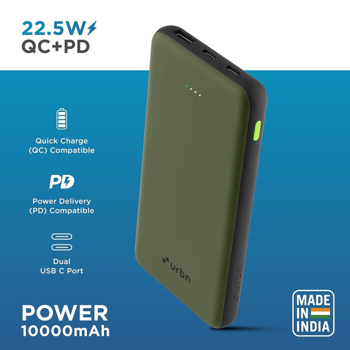URBN 10000mAh Li-Polymer Ultra Compact Type-C Power Bank with 12W Fast Charge, Type C & Micro Input