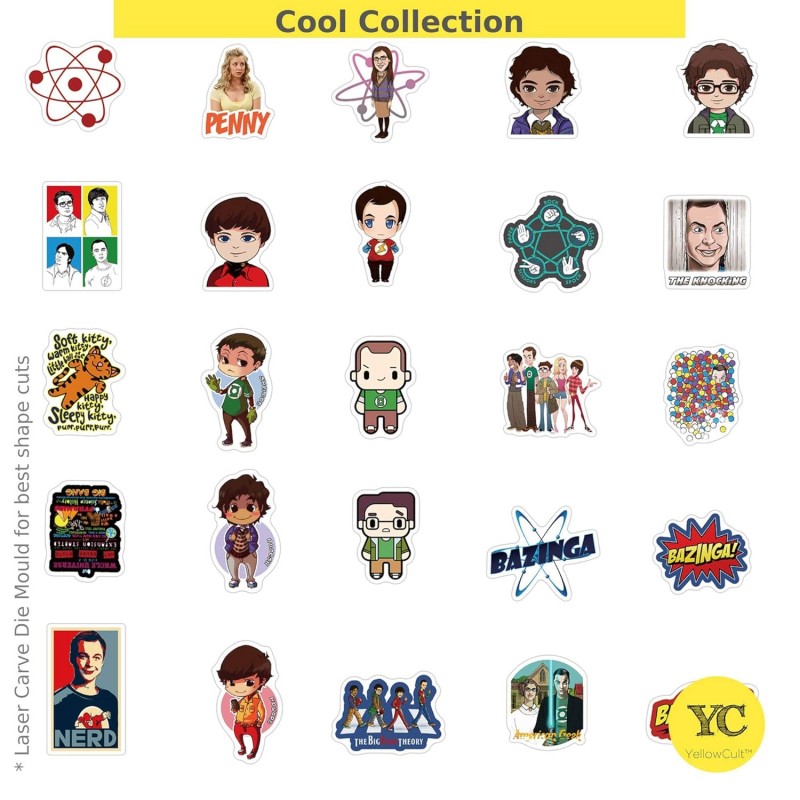 YellowCult™ 100pcs Big Bang Theory Random No-Duplicate Vinyl Stickers Pack to Customize Laptop, MacBook, Refrigerator, Bike, Guitar, Luggage [Waterproof Stickers - The Bing Bang Theory Collection]