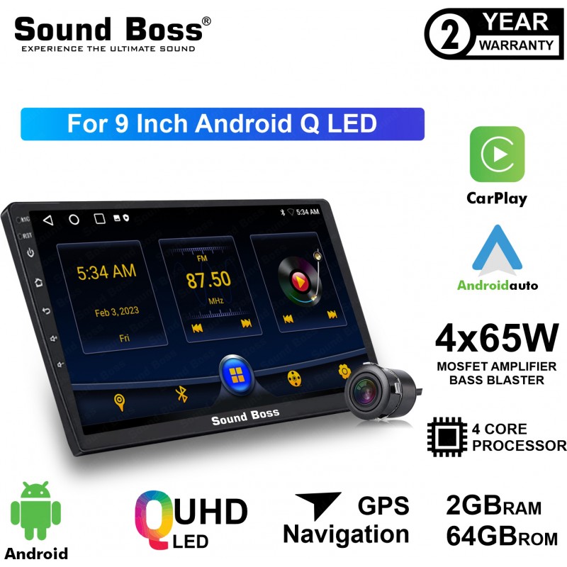 Sound Boss Androidify 3rdGeneration Bass-Blaster 9'' Inch Q-LED Car-Play (2GB/64GB) Android Car Stereo