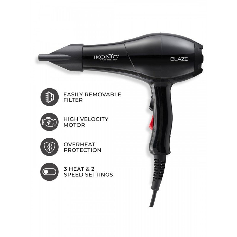 Ikonic Blaze Hair Dryer 1800W-2000W 3 Heat and 2 Speed Setting Combination Powerful AC Motor comes with 2 Interchangeable Nozzles, For All Hair Types Ikonic Blaze Hair Dryer 1800W-2000W 3 Heat and 2 Speed Setting Combination Powerful AC Motor comes with 2 Interchangeable Nozzles, For All Hair Types