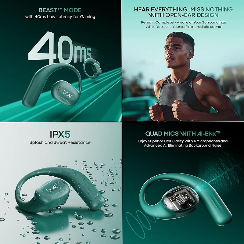 boAt Airdopes Progear Open-Ear Ear Buds for Outdoor Sports W/Air Conduction Tech, in Ear, 4 Mics W/Ai-Enx, 100Hrs Playback, 15Mm Drivers, Secure Fit,Beast Mode W/ 40Ms Latency, ASAP Charge Green