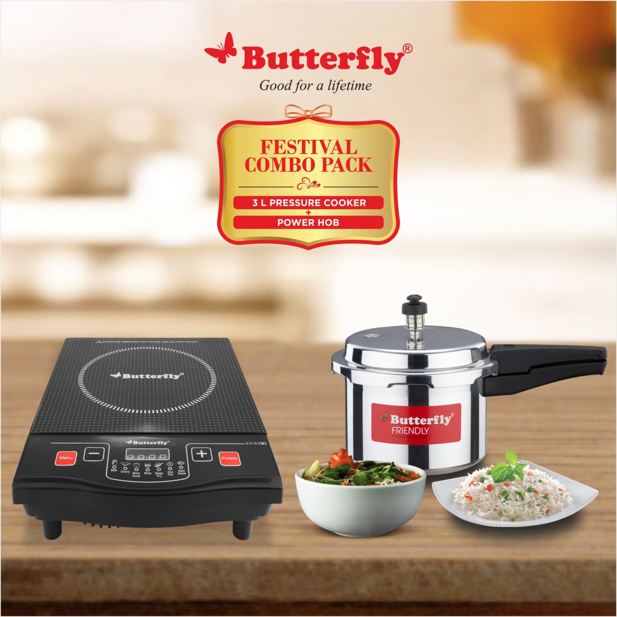 Butterfly Rhino V2 + 3L Pressure Cooker Induction Cooktop (Black, Push Button)