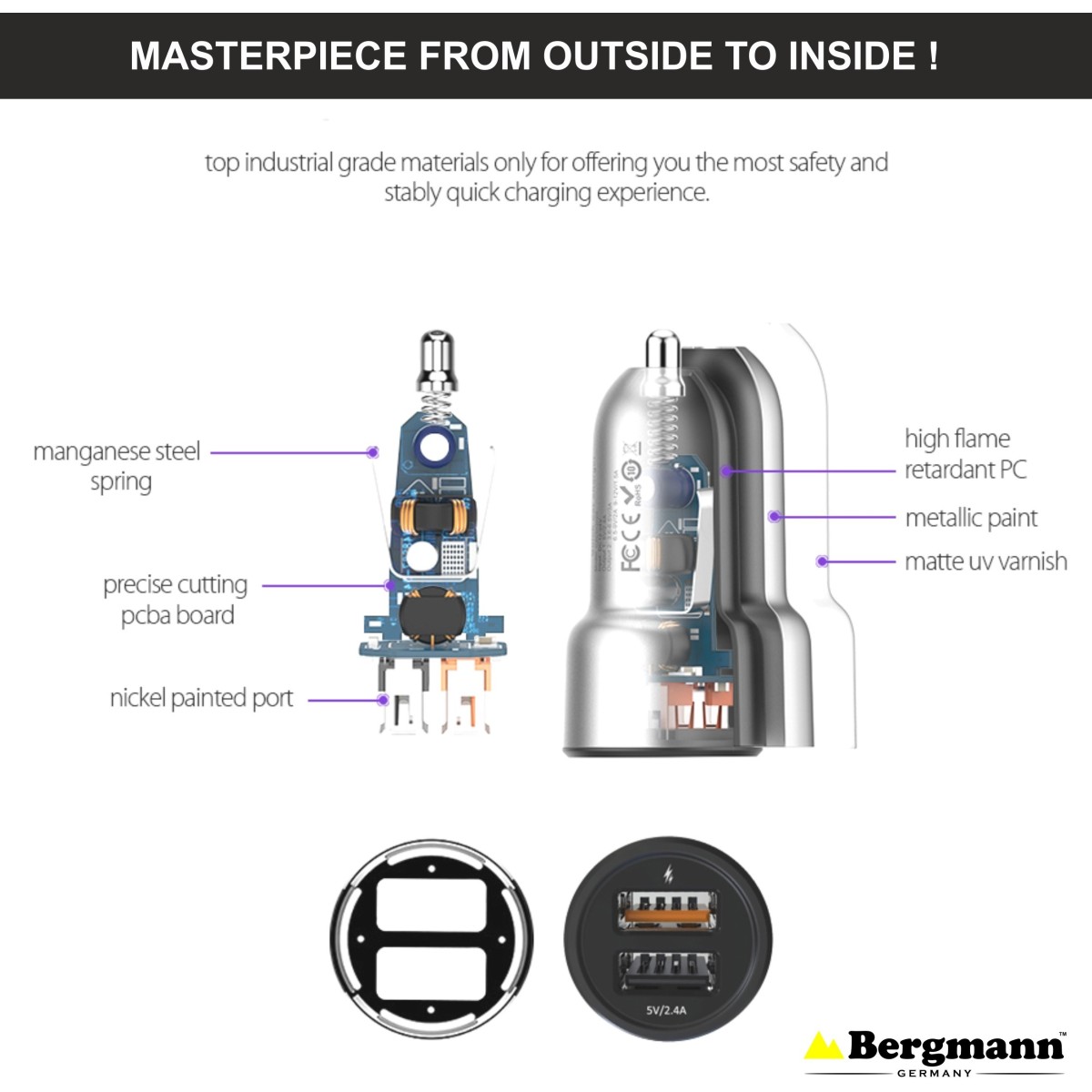 Bergmann 27 W Qualcomm 3.0 Turbo Car Charger (Black, Silver, With USB Cable)