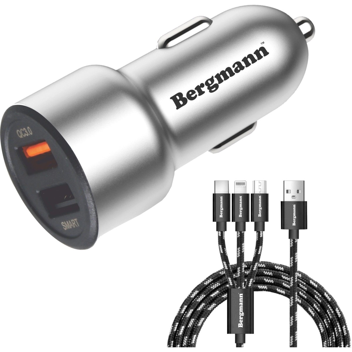 Bergmann 27 W Qualcomm 3.0 Turbo Car Charger (Black, Silver, With USB Cable)