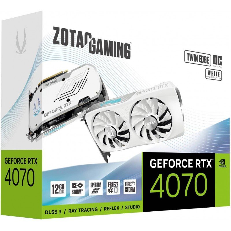 ZOTAC GEFORCE RTX 4070 Twin Edge OC White Edition GDDR6X 12 GB NVIDIA Chipset 192 bit 2490 MHz Graphics Card ZOTAC GEFORCE RTX 4070 Twin Edge OC White Edition GDDR6X 12 GB NVIDIA Chipset 192 bit 2490 MHz Graphics Card