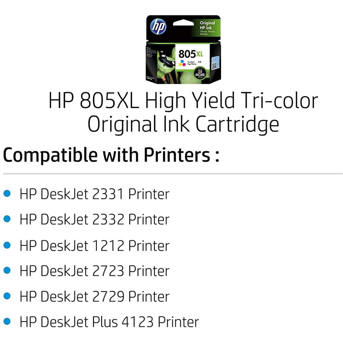 HP 805 XL for 1212, 2722, 2723, 2729, 4122, 4123 Tri-Color Ink Cartridge