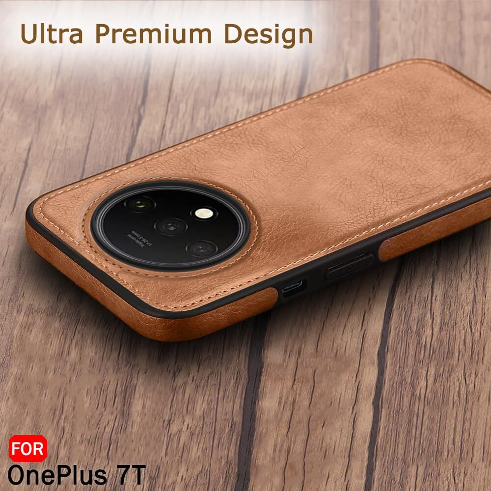 Oneplus 7T Pu Leather Full Camera Protection Back Case (Brown, Camera Bump Protector)