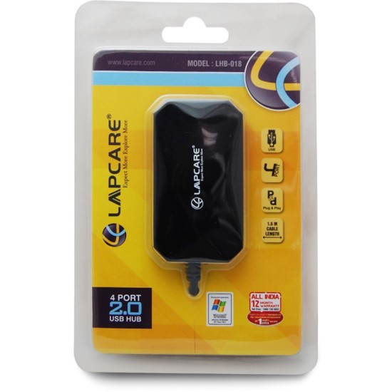 LAPCARE LAPCARE USB 2.0 4 port hub with 1.5 mt cable LHB-018 USB Hub (Black) LAPCARE LAPCARE USB 2.0 4 port hub with 1.5 mt cable LHB-018 USB Hub (Black)