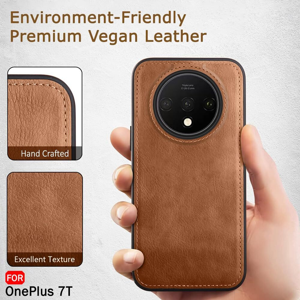 Oneplus 7T Pu Leather Full Camera Protection Back Case (Brown, Camera Bump Protector)