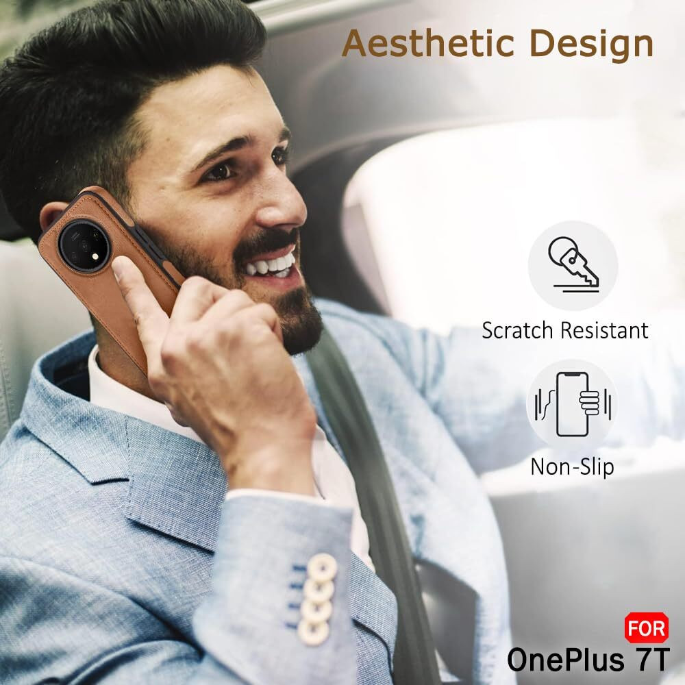 Oneplus 7T Pu Leather Full Camera Protection Back Case (Brown, Camera Bump Protector)