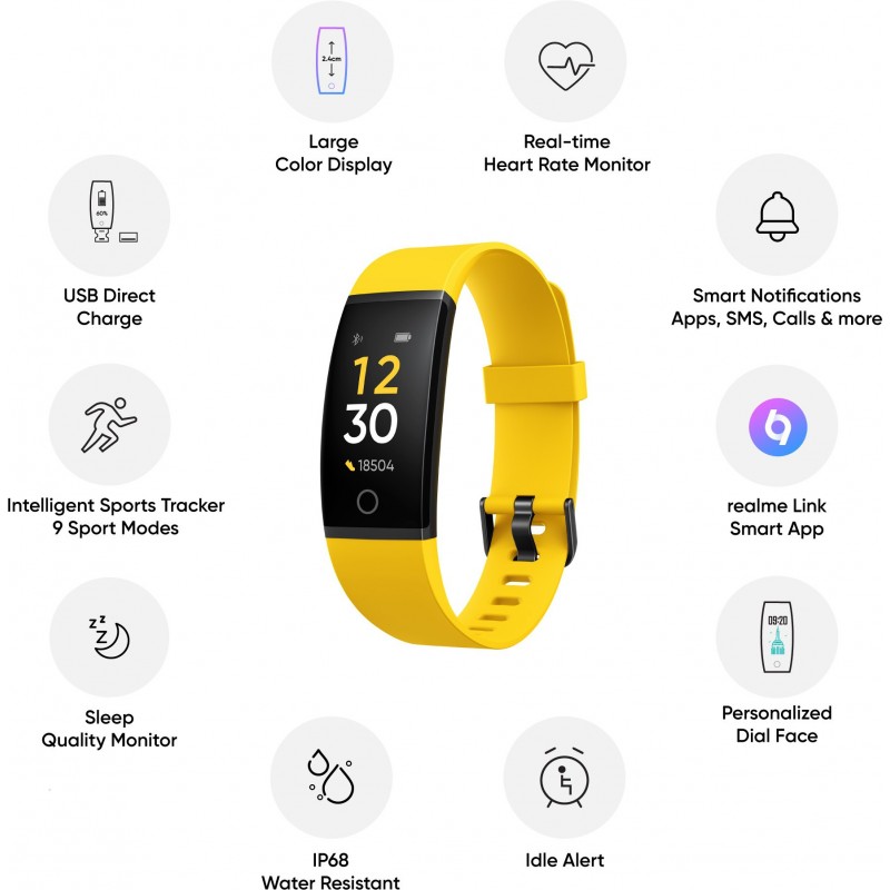 Realme Band (Yellow) - Full Colour Screen with Touchkey, Real-time Heart Rate Monitor, in-Built USB Charging, IP68 Water Resistant Realme Band (Yellow) - Full Colour Screen with Touchkey, Real-time Heart Rate Monitor, in-Built USB Charging, IP68 Water Resistant
