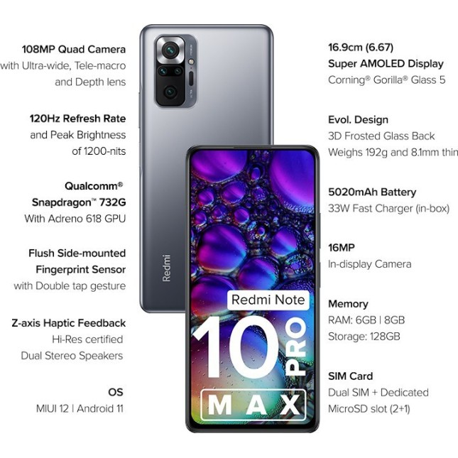 REDMI Note 10 Pro Max Dark Night, 128 GB 6 GB RAM refurbished REDMI Note 10 Pro Max Dark Night, 128 GB 6 GB RAM refurbished