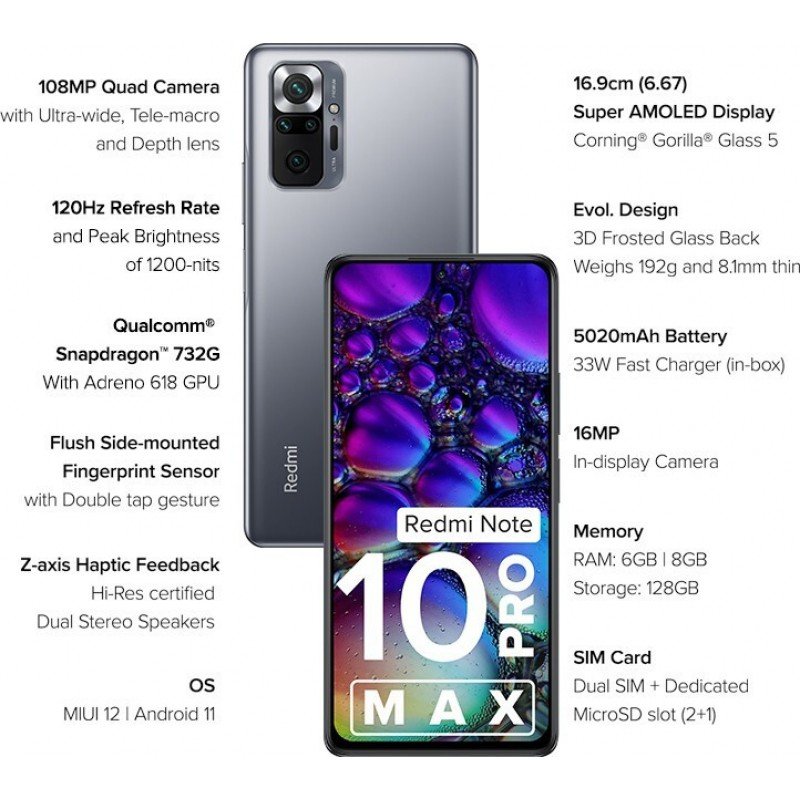 REDMI Note 10 Pro Max Dark Night, 128 GB 6 GB RAM refurbished REDMI Note 10 Pro Max Dark Night, 128 GB 6 GB RAM refurbished