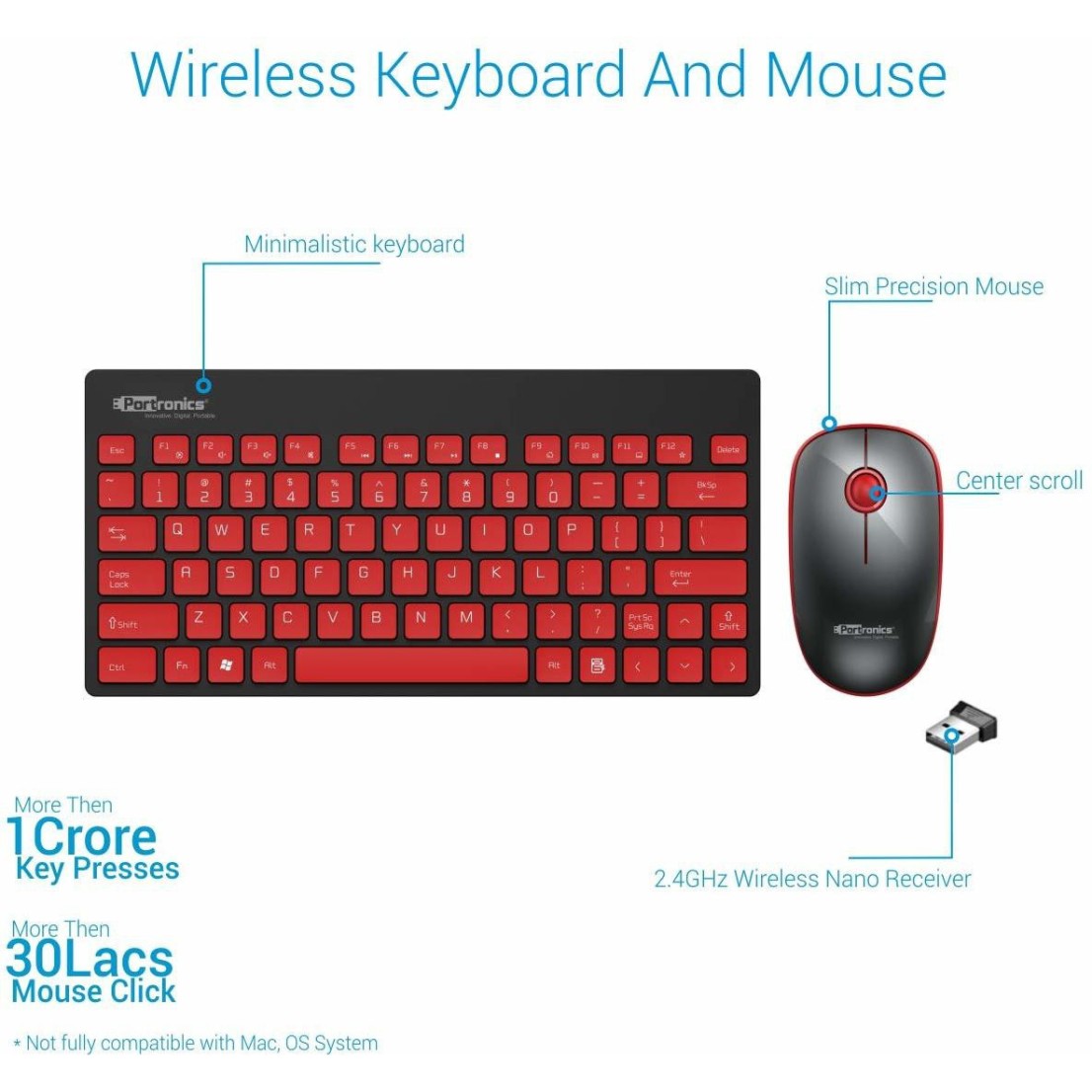 Portronics Key2-A Combo of Multimedia Wireless Keyboard and Mouse Black and Red
