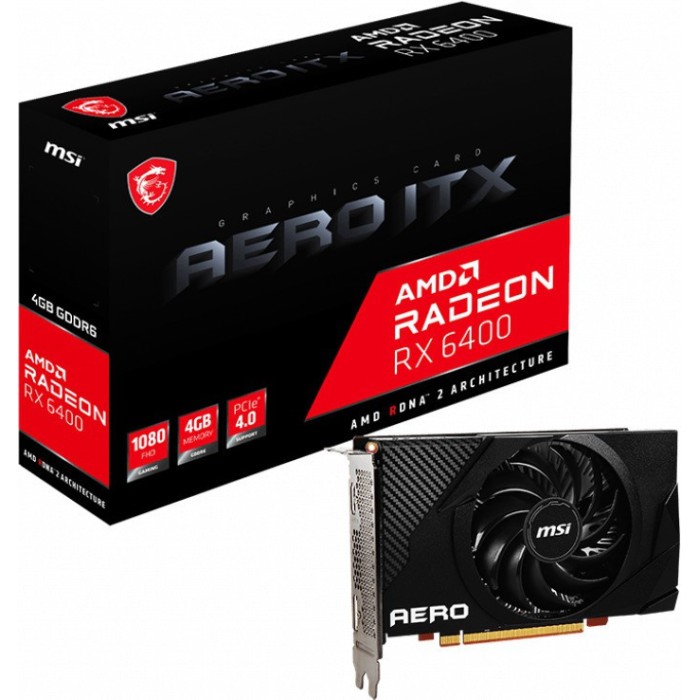 MSI RX 6400 AERO ITX 4G GDDR6 4 GB AMD Radeon Chipset 64 bit 2321 MHz Graphics Card MSI RX 6400 AERO ITX 4G GDDR6 4 GB AMD Radeon Chipset 64 bit 2321 MHz Graphics Card