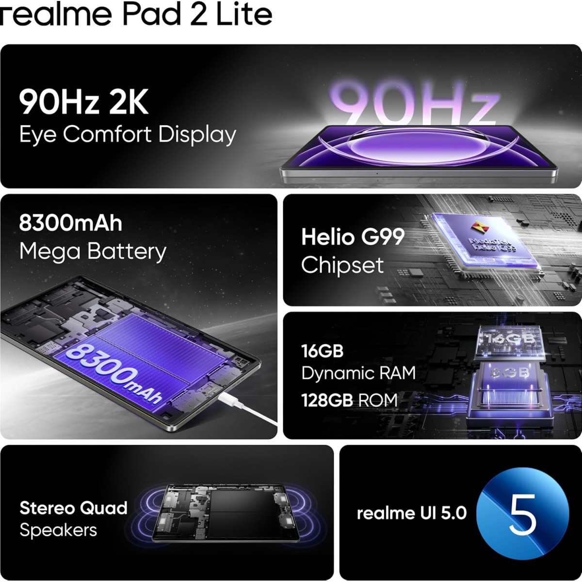 realme Pad 2 Lite 27.81 Cm (10.9Inch) 90Hz 2K Eyecomfort Display, 8GB RAM,128 GB Memory,8300mAh Battery, Mediatek Helio G99 with Quad Speakers 4G Calling + WiFi Connectivity Tablet (Space Grey)