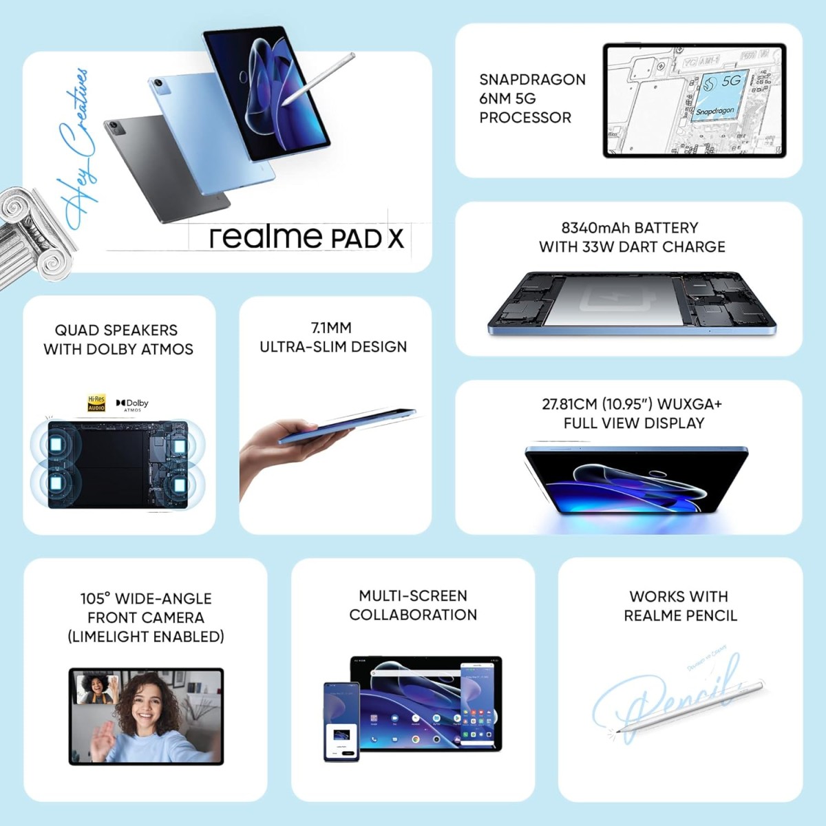 realme Pad X WiFi Tablet | 4GB RAM 64GB ROM (Expandable), 27.9cm (11 inch) WUXGA+ Display | 6nm SD Processor | Dolby Atmos Quad Speakers | 8340 mAh Battery | Grey Colour