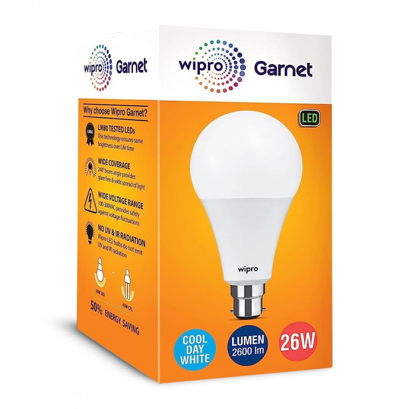 wipro Garnet 26W LED Bulb for Home & Office |Cool Day White (6500K) | B22 Base|220 degree Light coverage |4Kv Surge Protection |400V High Voltage Protection |Energy Efficient | Pack of 1 wipro Garnet 26W LED Bulb for Home & Office |Cool Day White (6500K) | B22 Base|220 degree Light coverage |4Kv Surge Protection |400V High Voltage Protection |Energy Efficient | Pack of 1