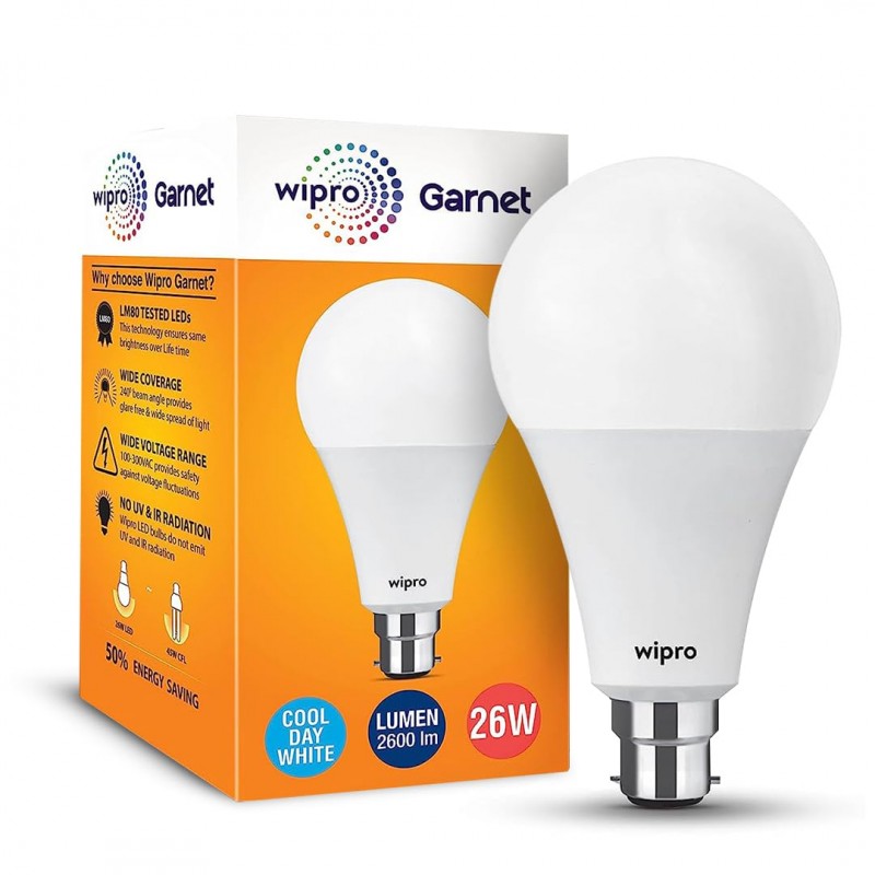 wipro Garnet 26W LED Bulb for Home & Office |Cool Day White (6500K) | B22 Base|220 degree Light coverage |4Kv Surge Protection |400V High Voltage Protection |Energy Efficient | Pack of 1 wipro Garnet 26W LED Bulb for Home & Office |Cool Day White (6500K) | B22 Base|220 degree Light coverage |4Kv Surge Protection |400V High Voltage Protection |Energy Efficient | Pack of 1