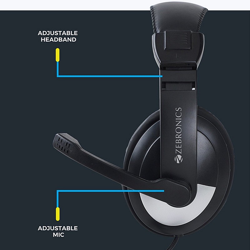 Zebronics Zeb-200HM Headphone with Mic, Dual 3.5mm Connectors, Adjustable Headband & Mic, for PC Computers/Laptop, BLACK