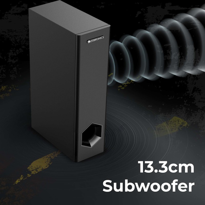 ZEBRONICS Zeb Sonic BAR 100-120W RMS Soundbar with Subwoofer,Type C + Dual 3.5mm Audio Ports, Virtual 5.1 and 3D Sound, Black ZEBRONICS Zeb Sonic BAR 100-120W RMS Soundbar with Subwoofer,Type C + Dual 3.5mm Audio Ports, Virtual 5.1 and 3D Sound, Black
