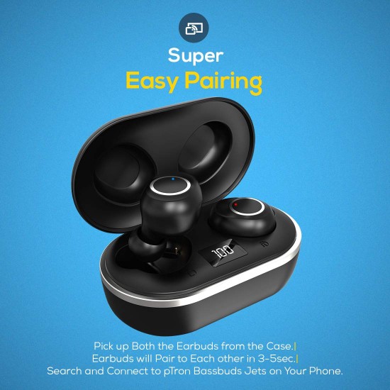 pTron Bassbuds Jets Headphone, True Wireless Bluetooth 5.0 (Black)