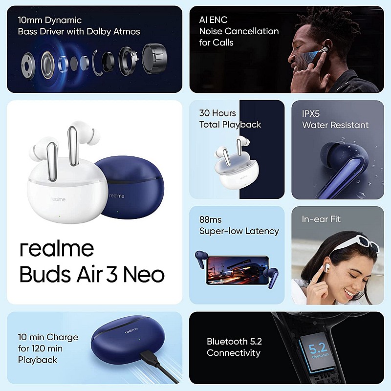 realme Buds Air 3 Neo True Wireless in-Ear Earbuds with Mic, 30 hrs Playtime with Fast Charging (Starry Blue)