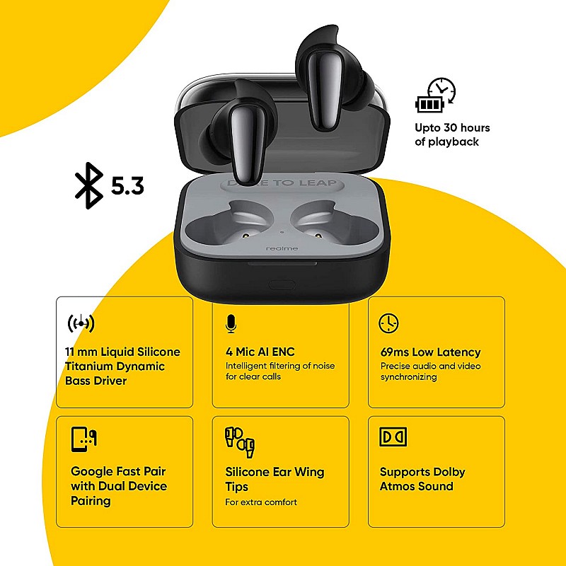 realme Buds Air 3S Bluetooth Truly Wireless in Ear Earbuds 11mm Triple Titanium Driver with Mic AI ENC for Calls Dual Device Pairing (Bass Black)