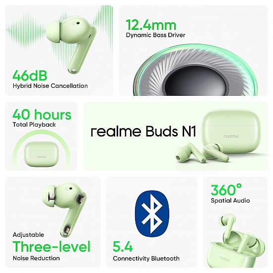 realme Buds N1 Truly Wireless in-Ear Earbuds with 46dB Hybrid ANC, 360° Spatial Audio, 12.4mm Dynamic Bass Driver, Upto 40Hrs Battery and Fast Charging (Energizing Green)