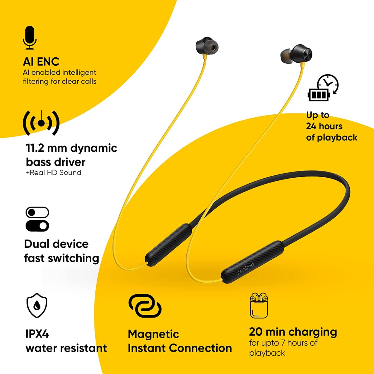 Realme Buds Wireless 2S in Ear Earphone with mic Switching Type C Fast Charge Bluetooth Headset Neckband Black