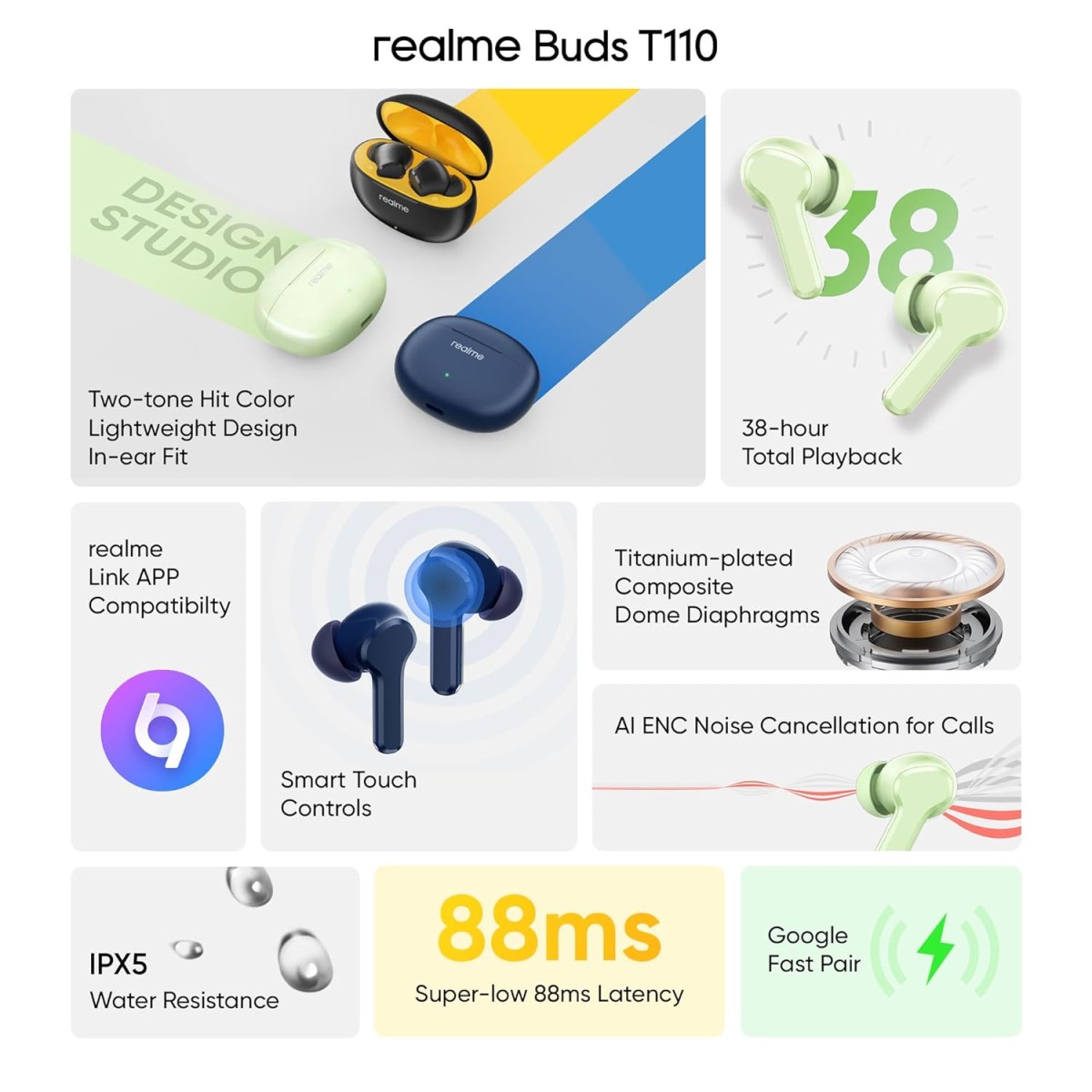 realme Earbuds T110 with Ai Enc for Calls, Upto 38 Hours of Playback and Fast Charging Bluetooth in Ear Headset