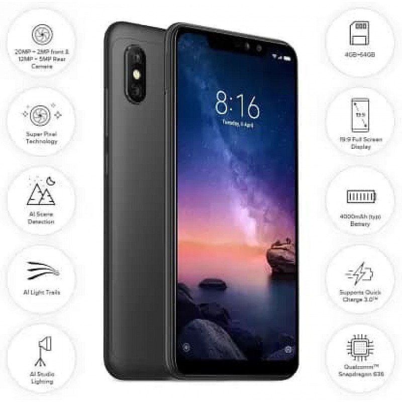 Redmi Note 6 Pro Black, (64GB+6GB RAM) refurbished