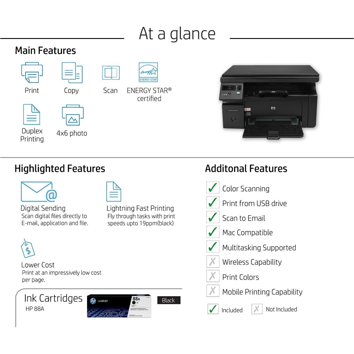 HP Laserjet Pro M1136 Printer, Print, Copy, Scan, Compact Design, Reliable, and Fast Printing