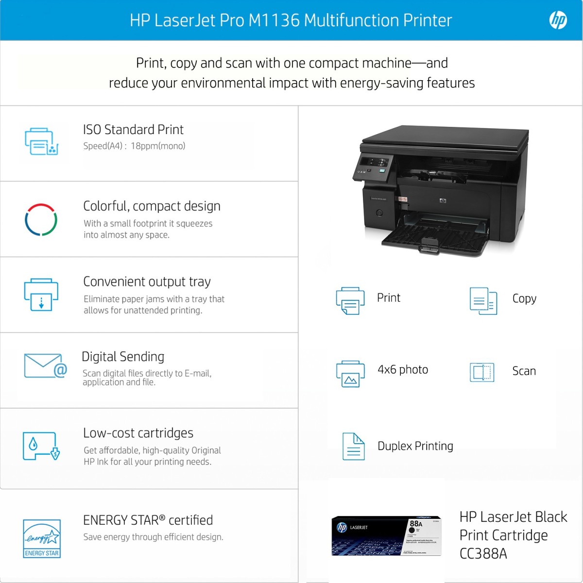 HP Laserjet Pro M1136 Printer, Print, Copy, Scan, Compact Design, Reliable, and Fast Printing