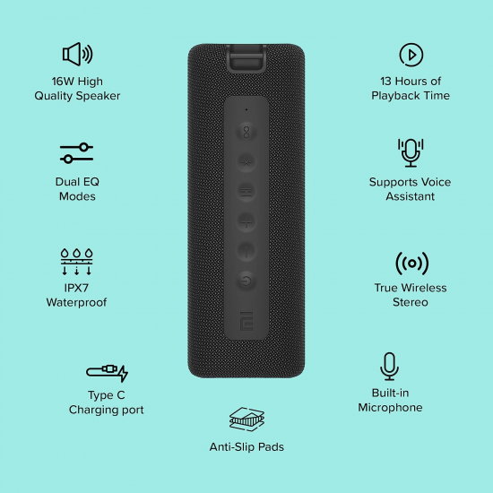 MI Portable Wireless Bluetooth Speaker (Black)|16W Hi-Quality Speaker with Mic|Upto 13hrs Playback Time|IPX7 Waterproof & Type C