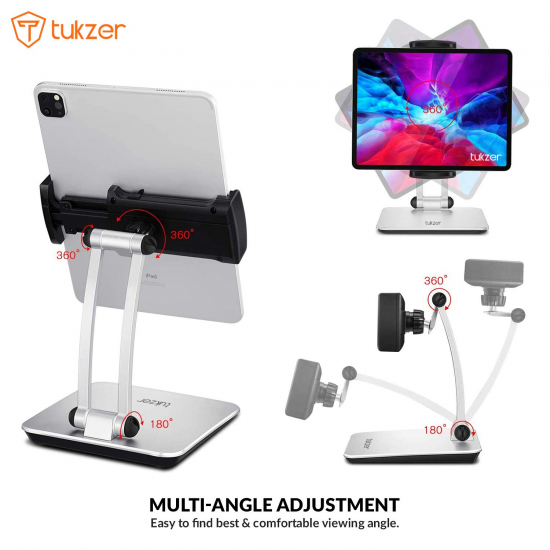 Tukzer Tabletop Foldable Professional Desktop Stand Holder with 360° Swivel & Height Adjustable, Tablets & Smartphones (Grey)