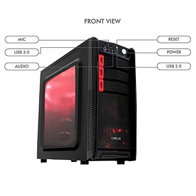 Circle Gaming 820 Black ATX Tower Case with Transparent Side Panel and Steel Black Body 