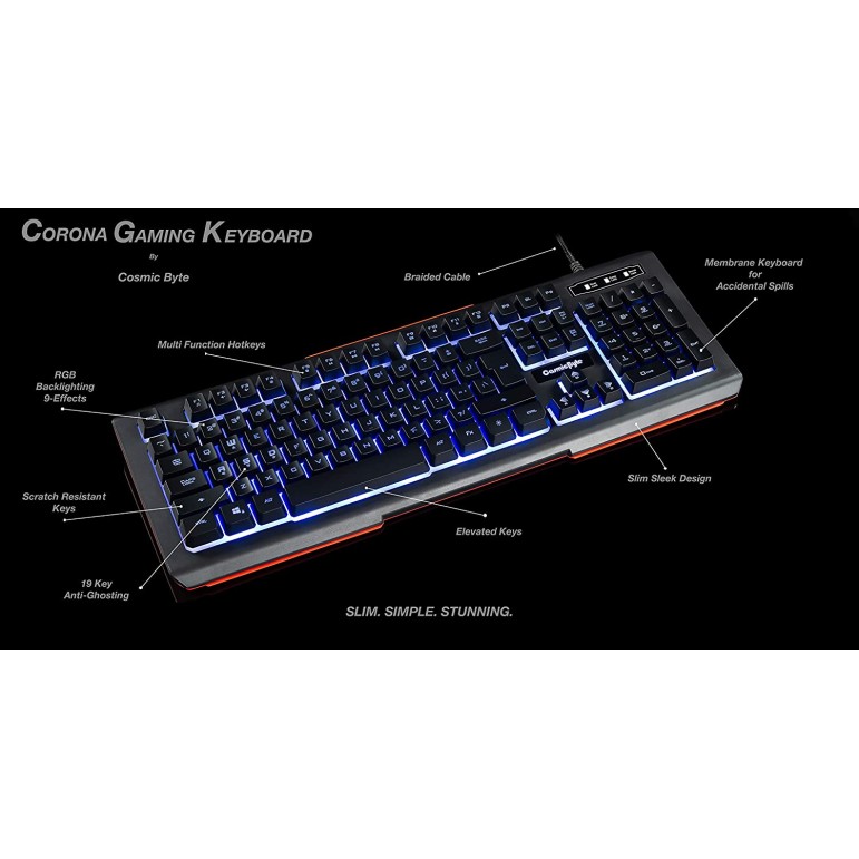 Cosmic Byte CB-GK-02 Corona Wired Gaming Keyboard 7 Color RGB Backlit with Effects Anti-Ghosting Black refurbished