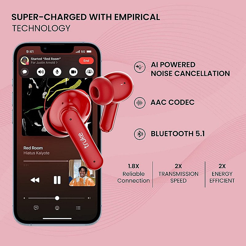 truke Air Buds Lite True Wireless Earbuds with 48 Hours Playtime, Gaming Mode, Enviornomental Noise Cancellation (Red)