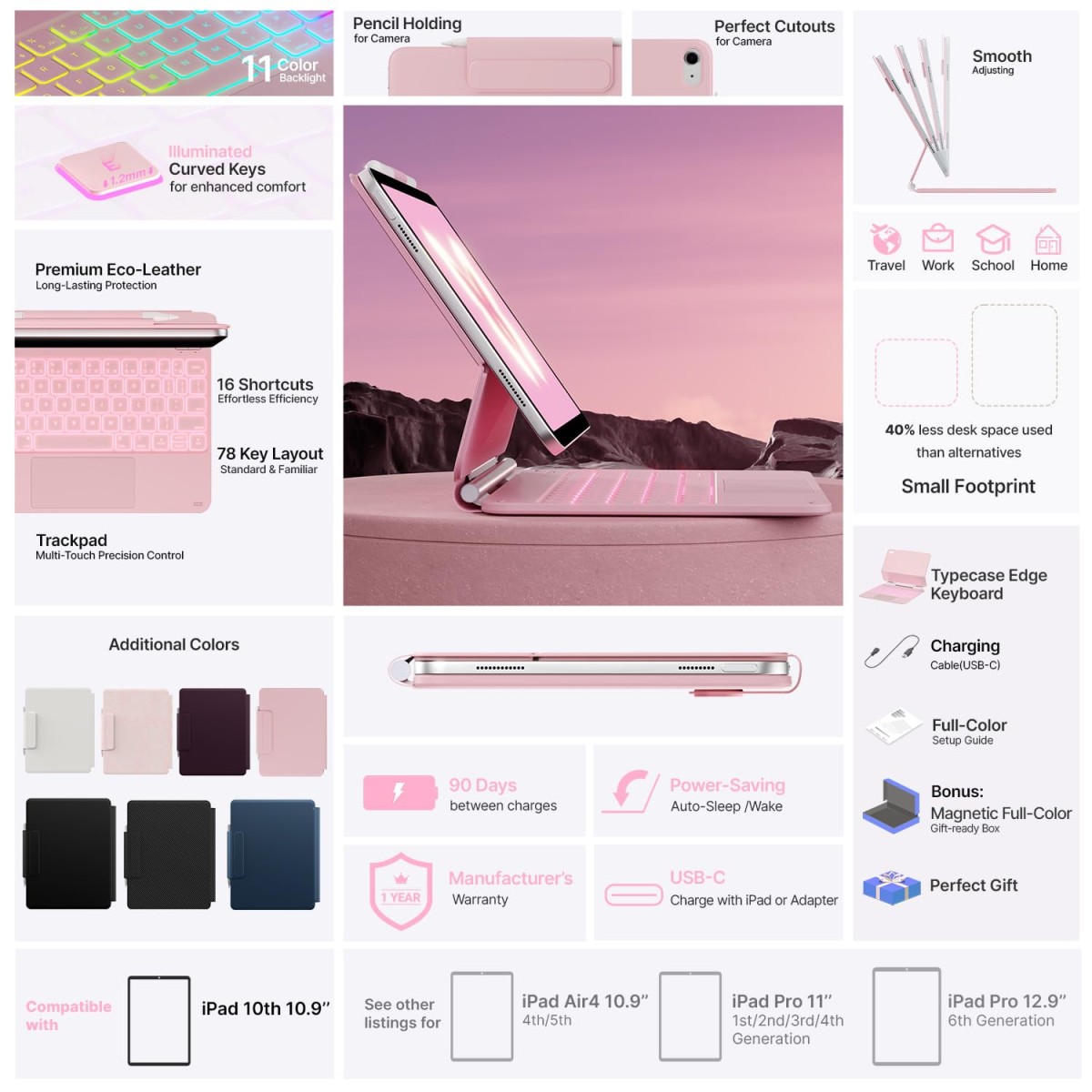 typecase Edge Magic Keyboard case for iPad 11th (A16-2025) & 10th Gen with 11-Colors Backlit, Floating Cantilever Stand, Click Anywhere Precision Multi-Touch Trackpad, 600 GMS (NOT for Air 11/Pro 11)