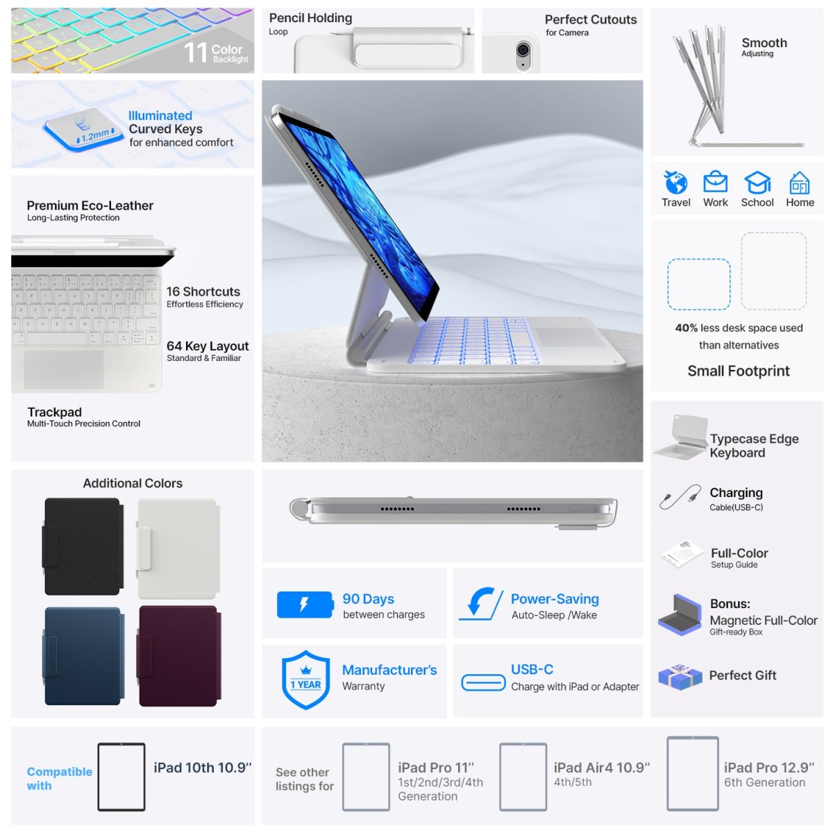 typecase Edge Magic Keyboard case for iPad 11th (A16-2025) & 10th Gen with 11-Colors Backlit, Floating Cantilever Stand, Click Anywhere Precision Multi-Touch Trackpad, 600 GMS (NOT for Air 11/Pro 11)