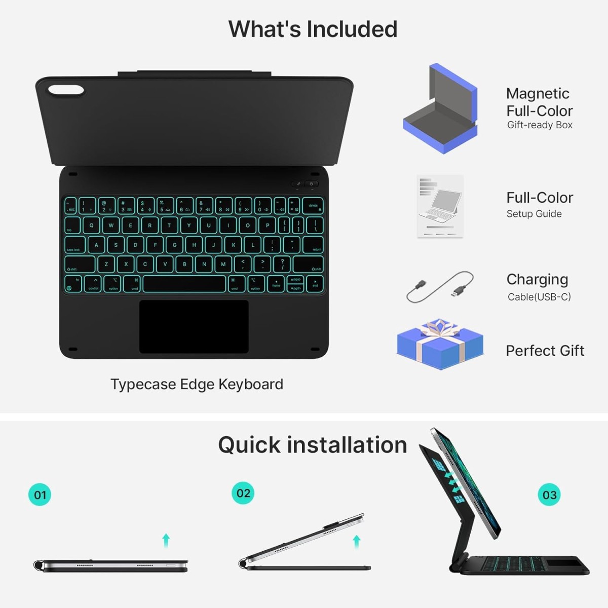 typecase Edge Magic Keyboard case for iPad 11th (A16-2025) & 10th Gen with 11-Colors Backlit, Floating Cantilever Stand, Click Anywhere Precision Multi-Touch Trackpad, 600 GMS (NOT for Air 11/Pro 11)