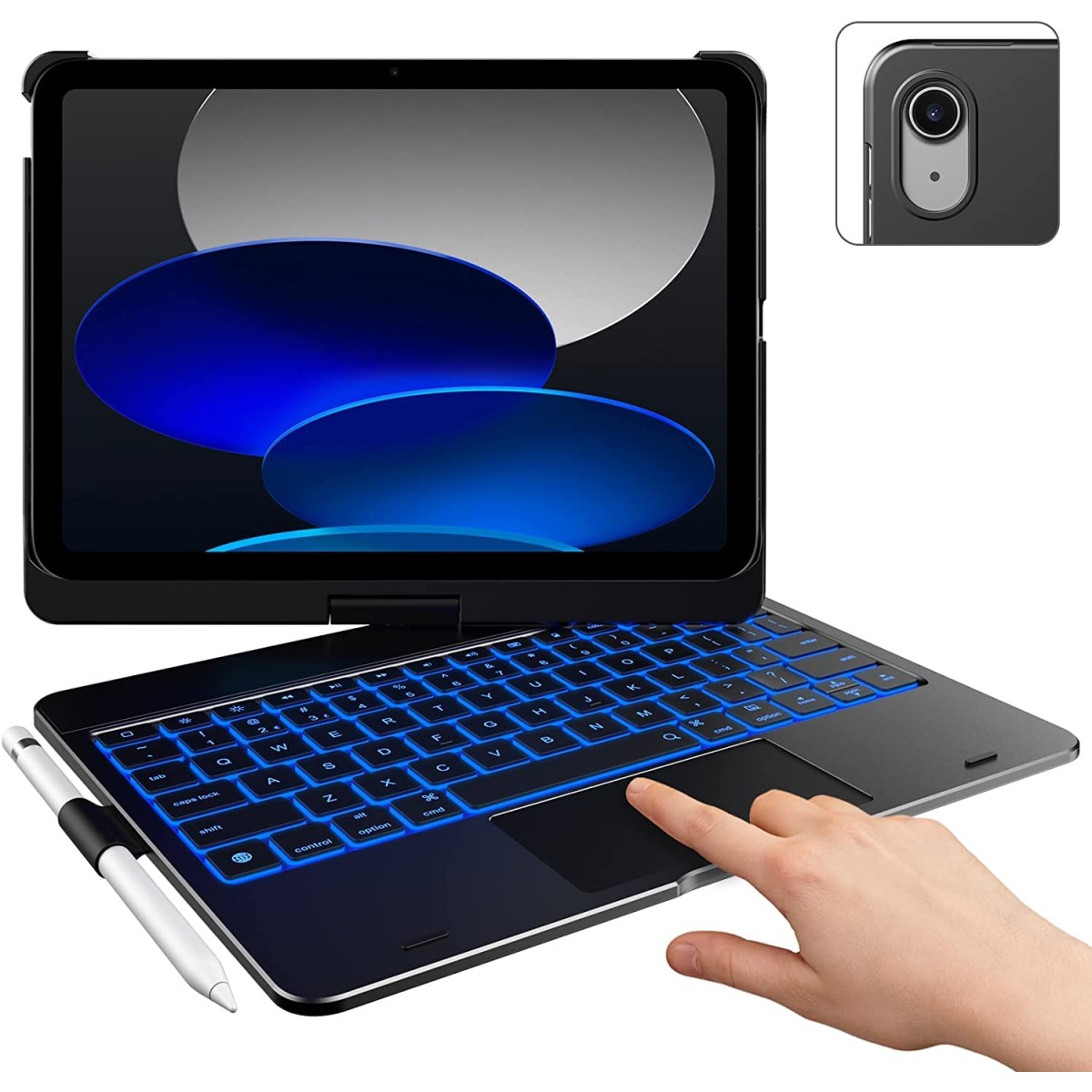 typecase Touch Keyboard for New iPad A16 2025 (11 Inch) & iPad 10th Generation with Multi-Touch Trackpad, 11-Colors Backlit, 360° Rotatable Design, Bluetooth Keyboard case, Pencil Holder (Black'25)