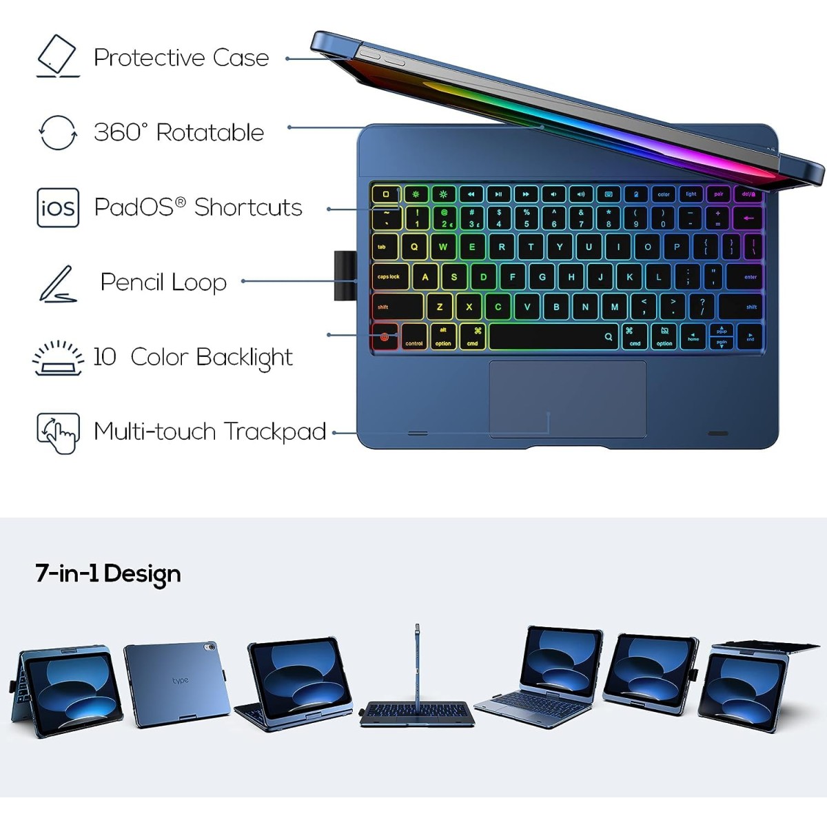 typecase Touch Keyboard for New iPad A16 2025 (11 Inch) & iPad 10th Generation with Multi-Touch Trackpad, 11-Colors Backlit, 360° Rotatable Design, Bluetooth Keyboard case, Pencil Holder (Black'25)
