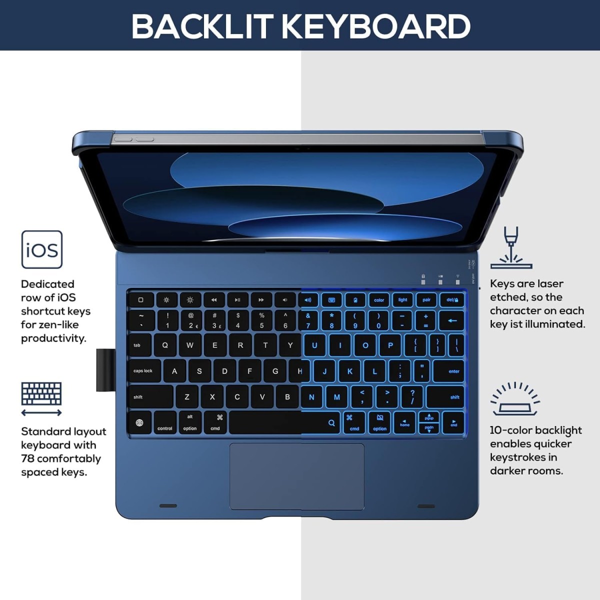 typecase Touch Keyboard for New iPad A16 2025 (11 Inch) & iPad 10th Generation with Multi-Touch Trackpad, 11-Colors Backlit, 360° Rotatable Design, Bluetooth Keyboard case, Pencil Holder (Black'25)